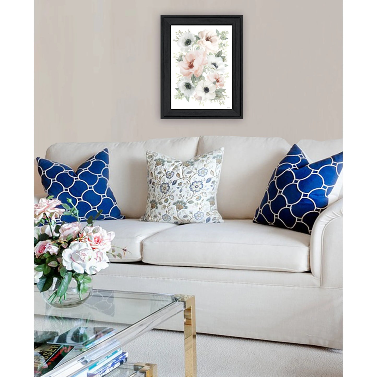 HMS Peony Floral Block Wall Art Black Framed Print