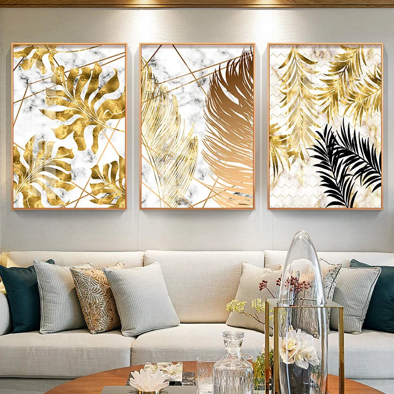 Nordic Gold – Golden Leaf Canvas Wall Art (White Background)