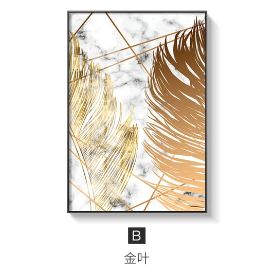 Contrast Leaf – Golden Canvas Wall Art (White & Black)