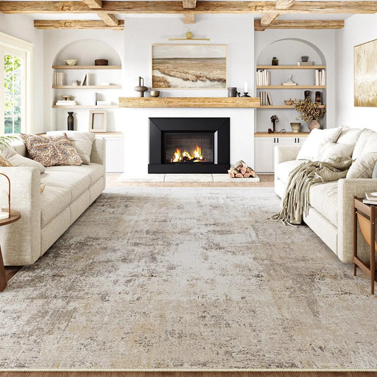 UrbanEase – 10x14 Washable Beige & Grey Abstract Rug