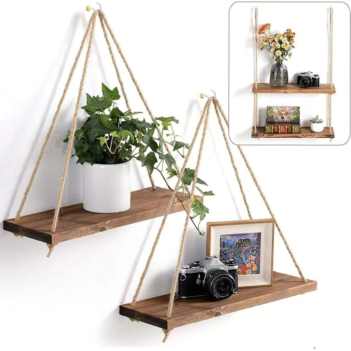 RusticCharm – Wooden Swing Hanging Rope Wall Shelf