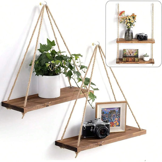 RusticCharm – Wooden Swing Hanging Rope Wall Shelf