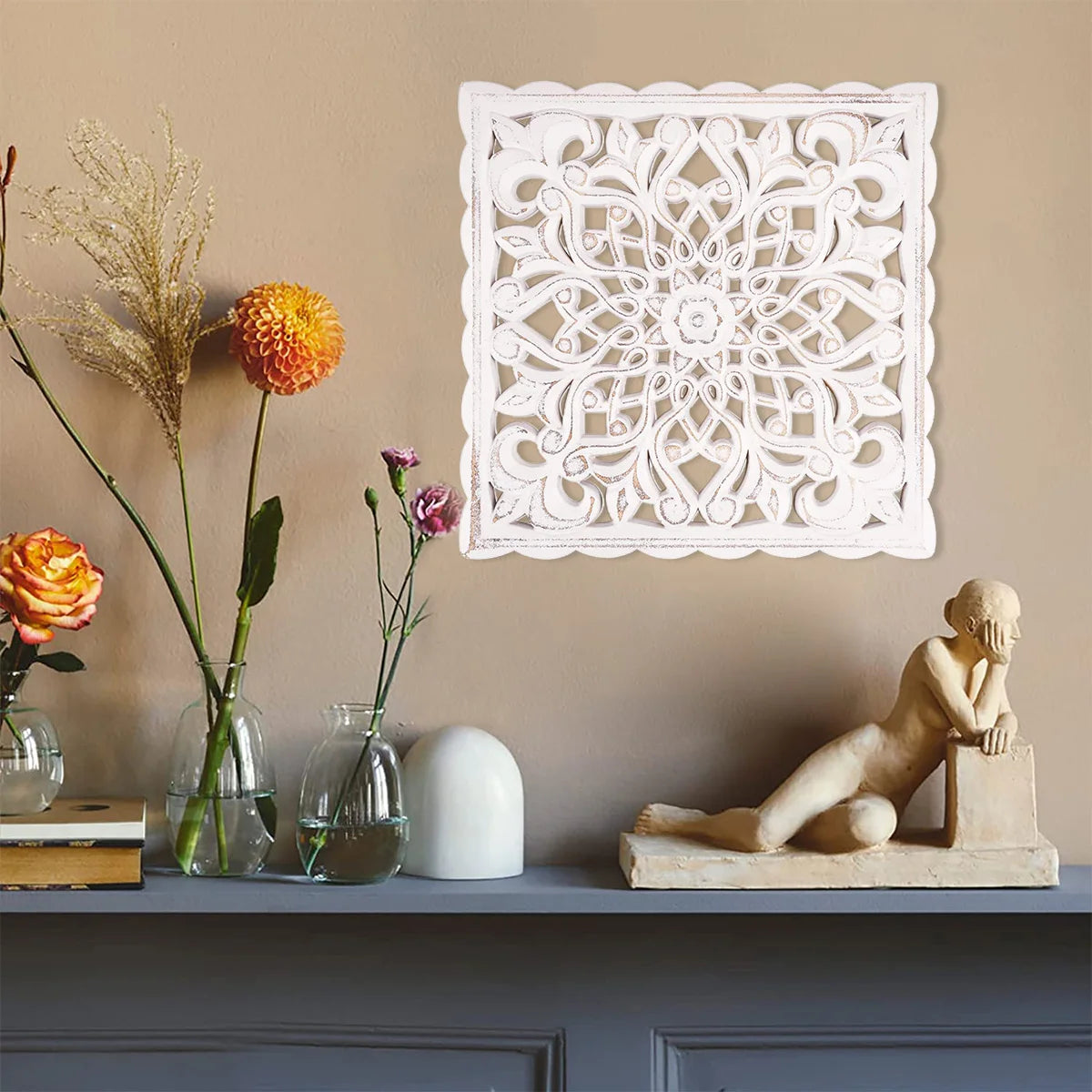 Ornate Bloom – Hollow Carved Wooden Floral Wall Panel