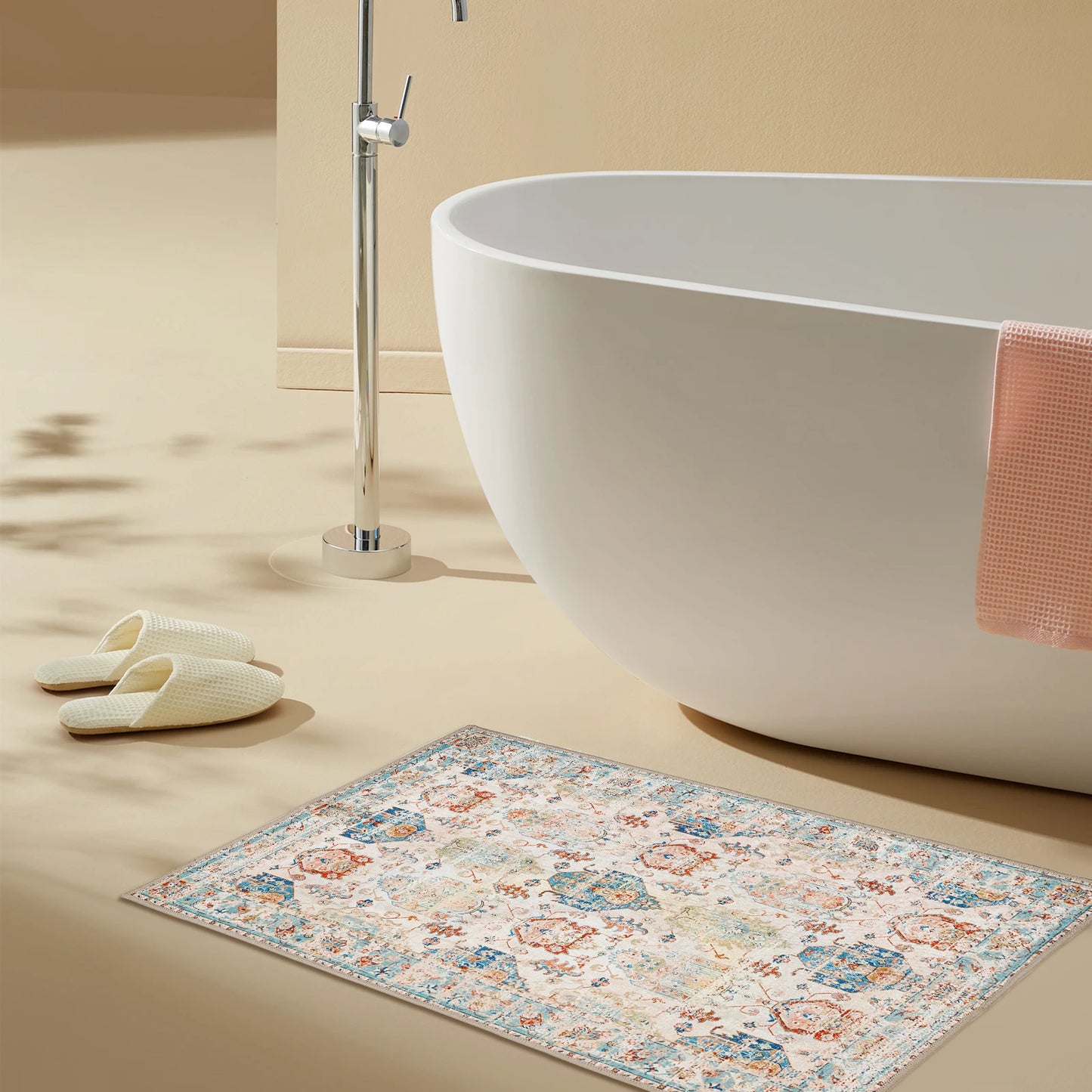 Area Rug Stain Resistant,Boho Vintage Distressed Washable Area Rugs with Non-Slip Rubber Backing,Printed Low-Pile Carpet