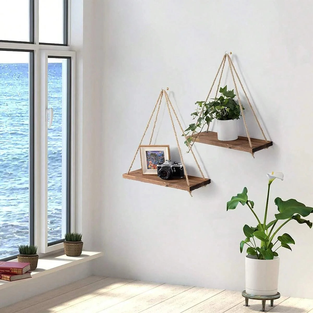 RusticCharm – Wooden Swing Hanging Rope Wall Shelf