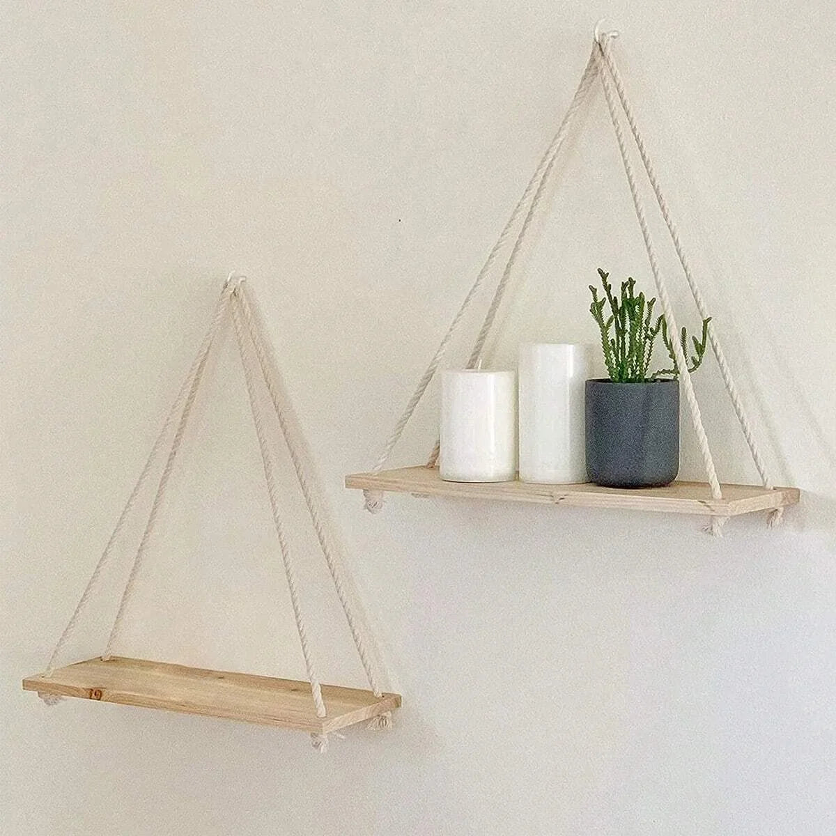 RusticCharm – Wooden Swing Hanging Rope Wall Shelf