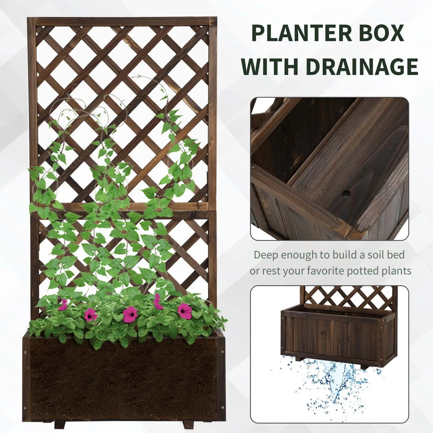 VineBox – Wooden Raised Garden Bed with Trellis (Brown)