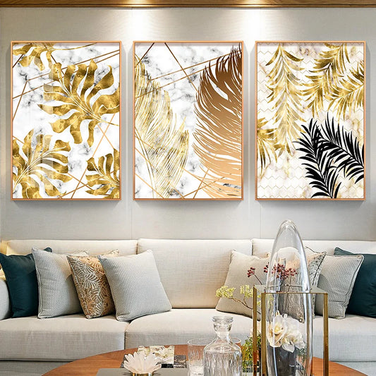 Nordic Gold – Golden Leaf Canvas Wall Art (White Background)