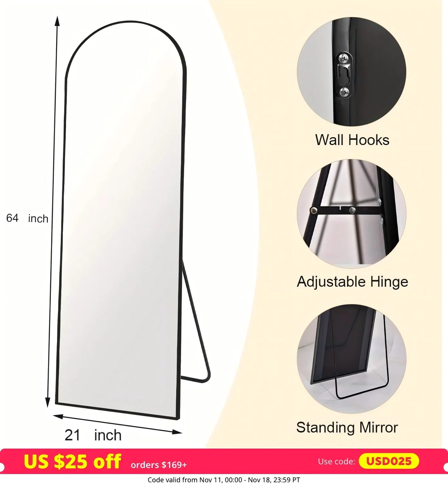 Arched Full‑Length Mirror 64×21