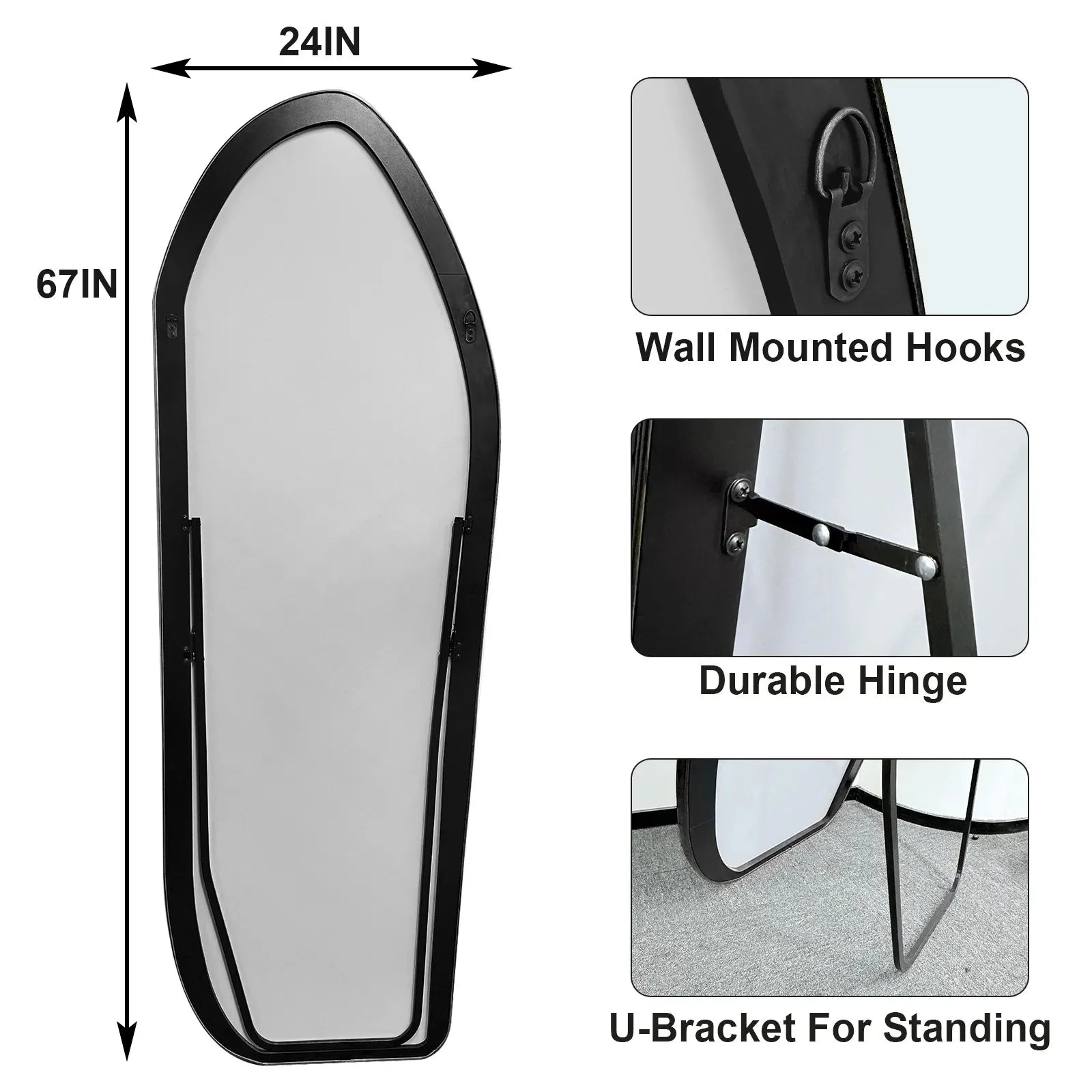 Large mirror with dimensions and features highlighted on a white background