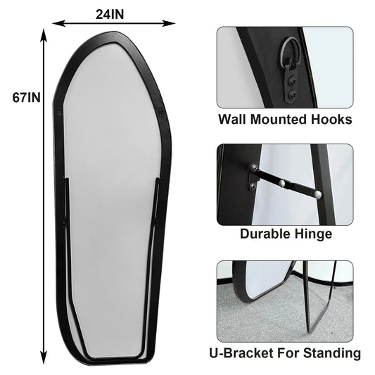 Large mirror with dimensions and features highlighted on a white background