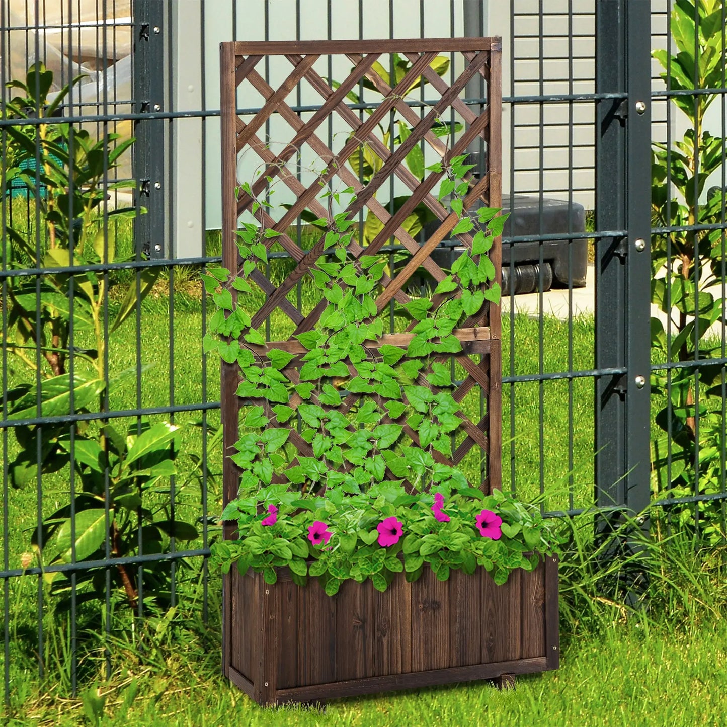 VineBox – Wooden Raised Garden Bed with Trellis (Brown)