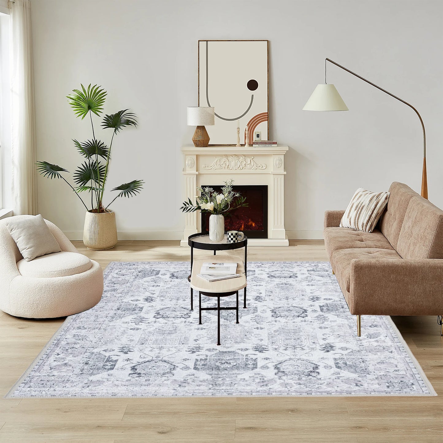 Area Rug Stain Resistant,Boho Vintage Distressed Washable Area Rugs with Non-Slip Rubber Backing,Printed Low-Pile Carpet