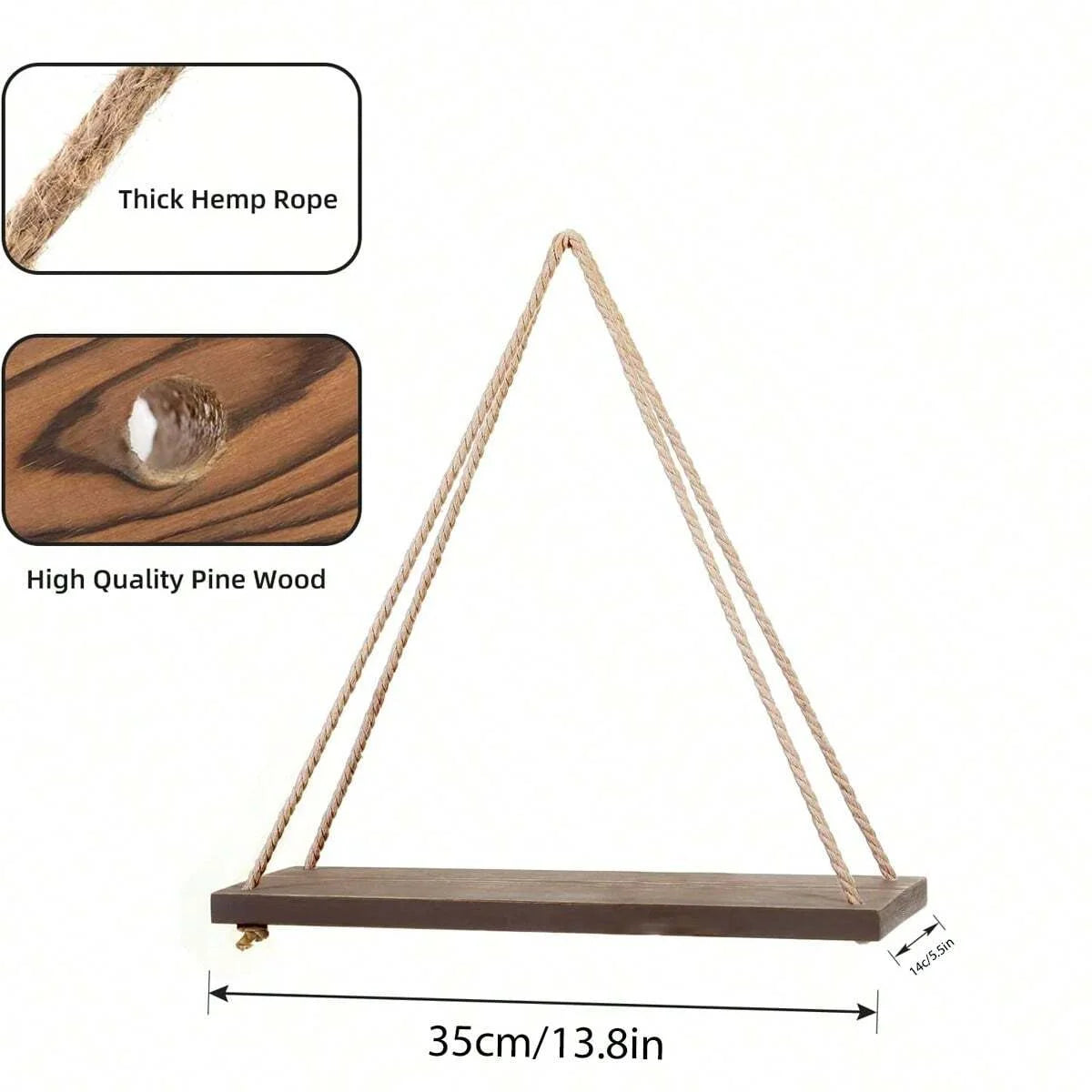 RusticCharm – Wooden Swing Hanging Rope Wall Shelf