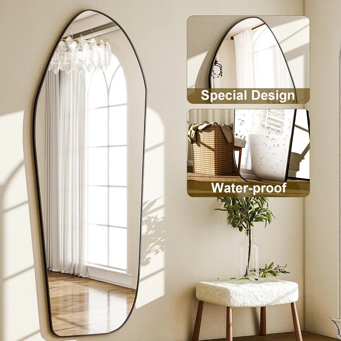 Large arched mirror on a wall with a smaller inset mirror highlighting 'Special Design' and 'Waterproof' features.